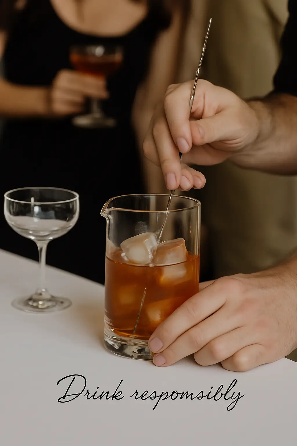 A bartender stirring a cocktail in a glass mixing beaker filled with ice, with guests holding coupe glasses in the blurred background and the phrase “Drink responsibly” written elegantly at the bottom.